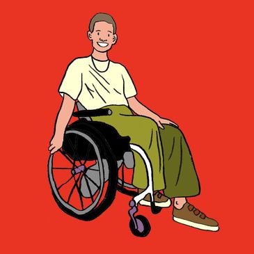 Illustrated portrait of Claire Raymond, a white disabled woman sitting in a wheelchair