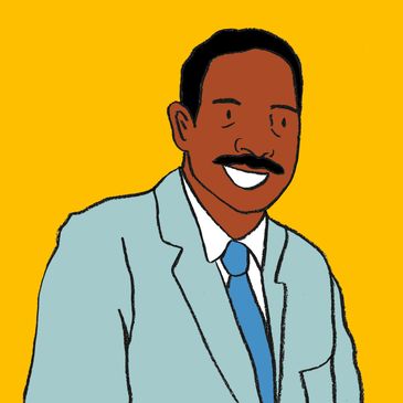 Illustrated portrait of Andrew Foster, a Black Deaf man smiling + wearing a blue suit.