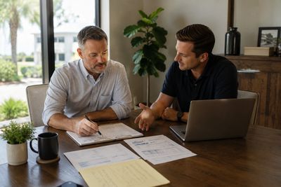 Two men discussing documents at a table with a laptop and coffee mug.