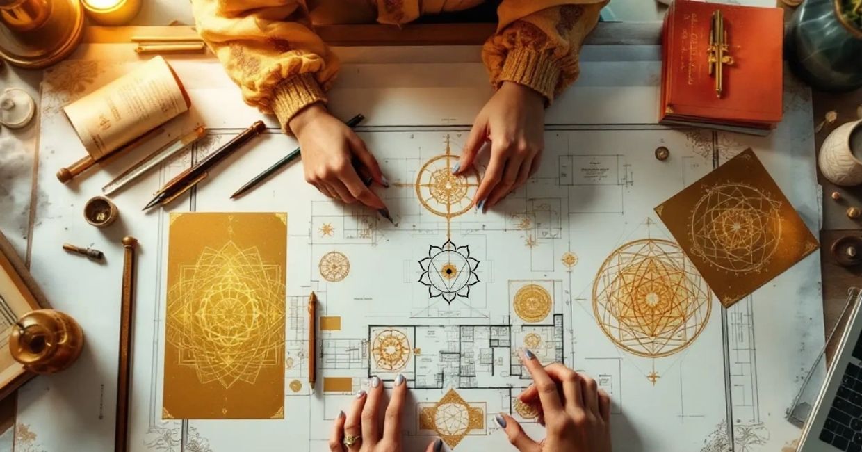Two people working on a detailed architectural blueprint with geometric designs and tools.