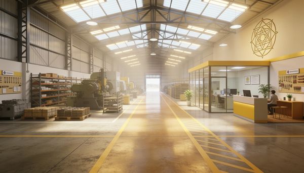 Spacious, well-lit industrial warehouse with organized work areas and office space.