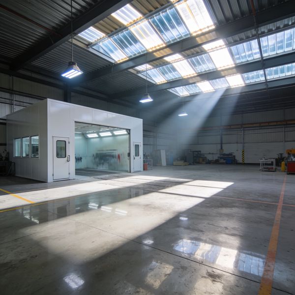 Sunlight streams through skylights into an empty industrial warehouse with a white enclosed room.