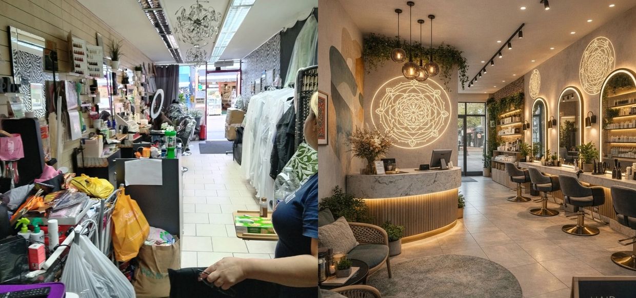 Comparison of a cluttered and a modern, elegant salon interior.