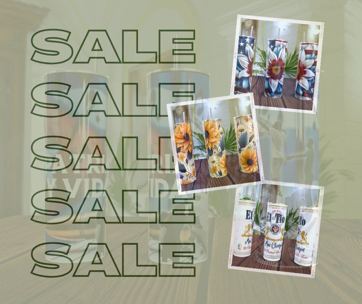 Colorful tumblers on sale with floral and branded designs.