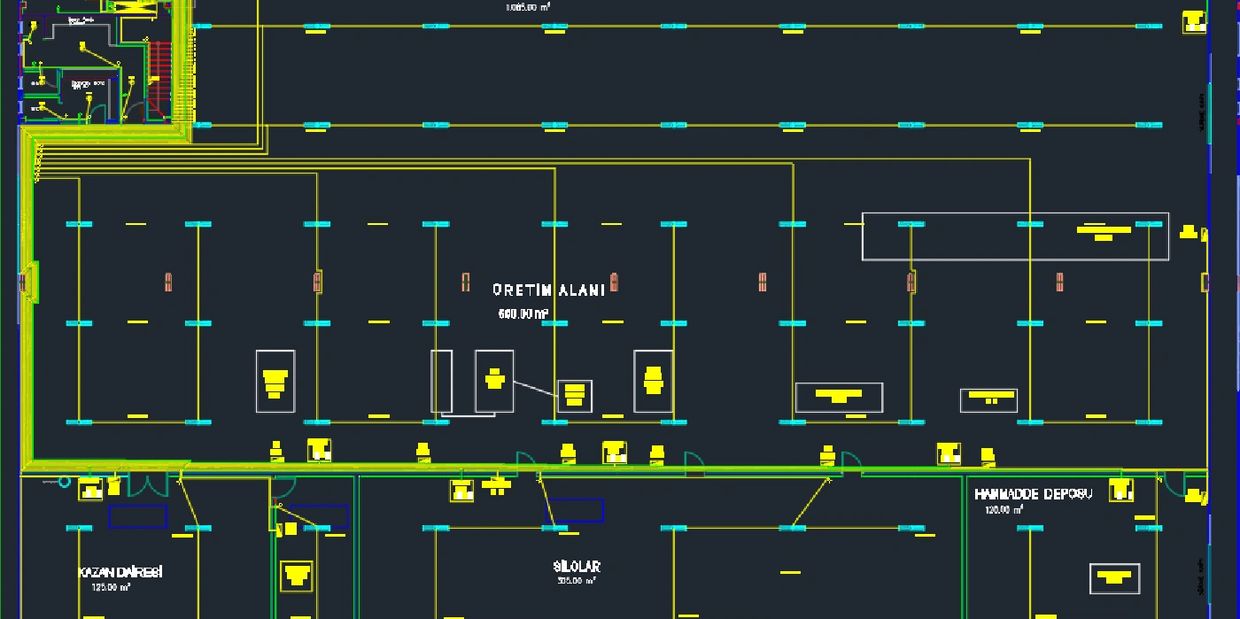 Floor plan of a production area with labeled sections and measurements.