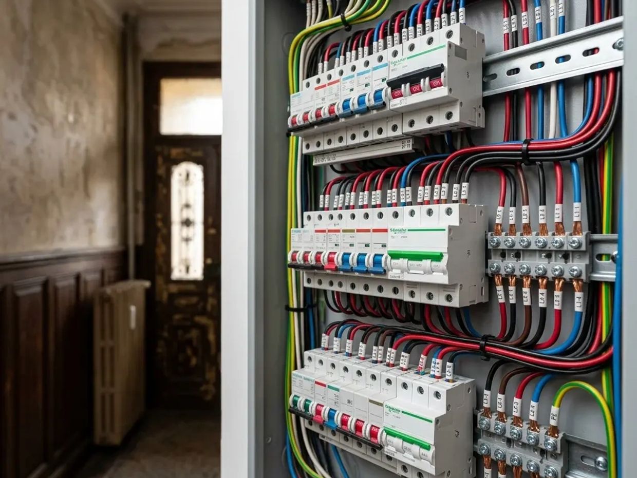 Close-up of a neatly organized electrical panel with labeled wires and circuit breakers.