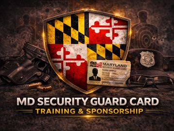 Maryland security guard card training and sponsorship advertisement with shield and equipment.