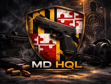 A handgun displayed on a Maryland flag shield with bullets and headphones nearby.