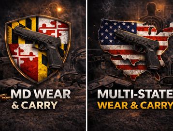 Two gun-themed wear and carry designs with Maryland and USA flags.