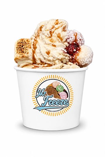 A cup of swirled ice cream with toppings and caramel drizzle from No Freeze.