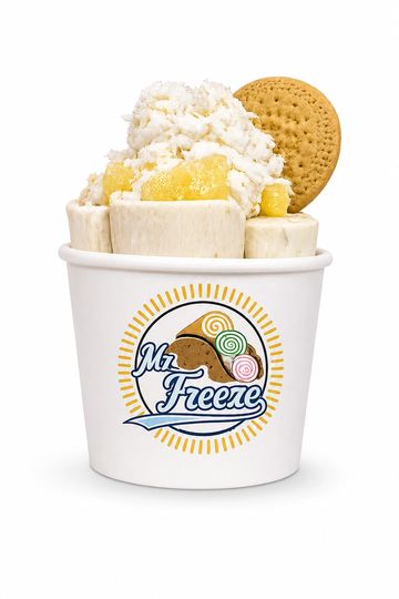 Rolled ice cream with pineapple chunks and a cookie in a Mr. Freeze cup.
