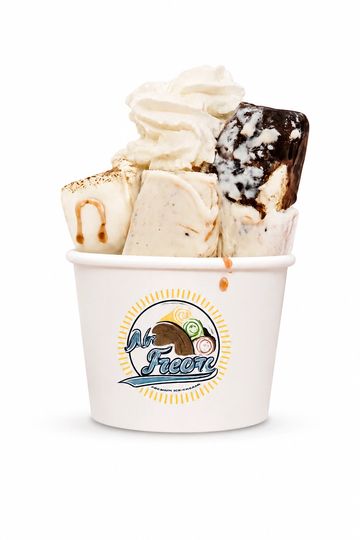 Rolled ice cream topped with whipped cream in a branded cup.