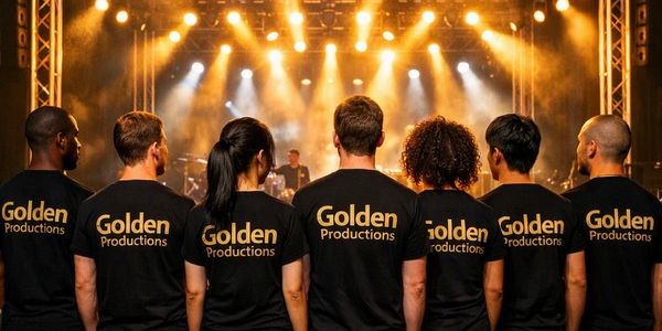 Team in Golden Productions shirts facing stage lights.