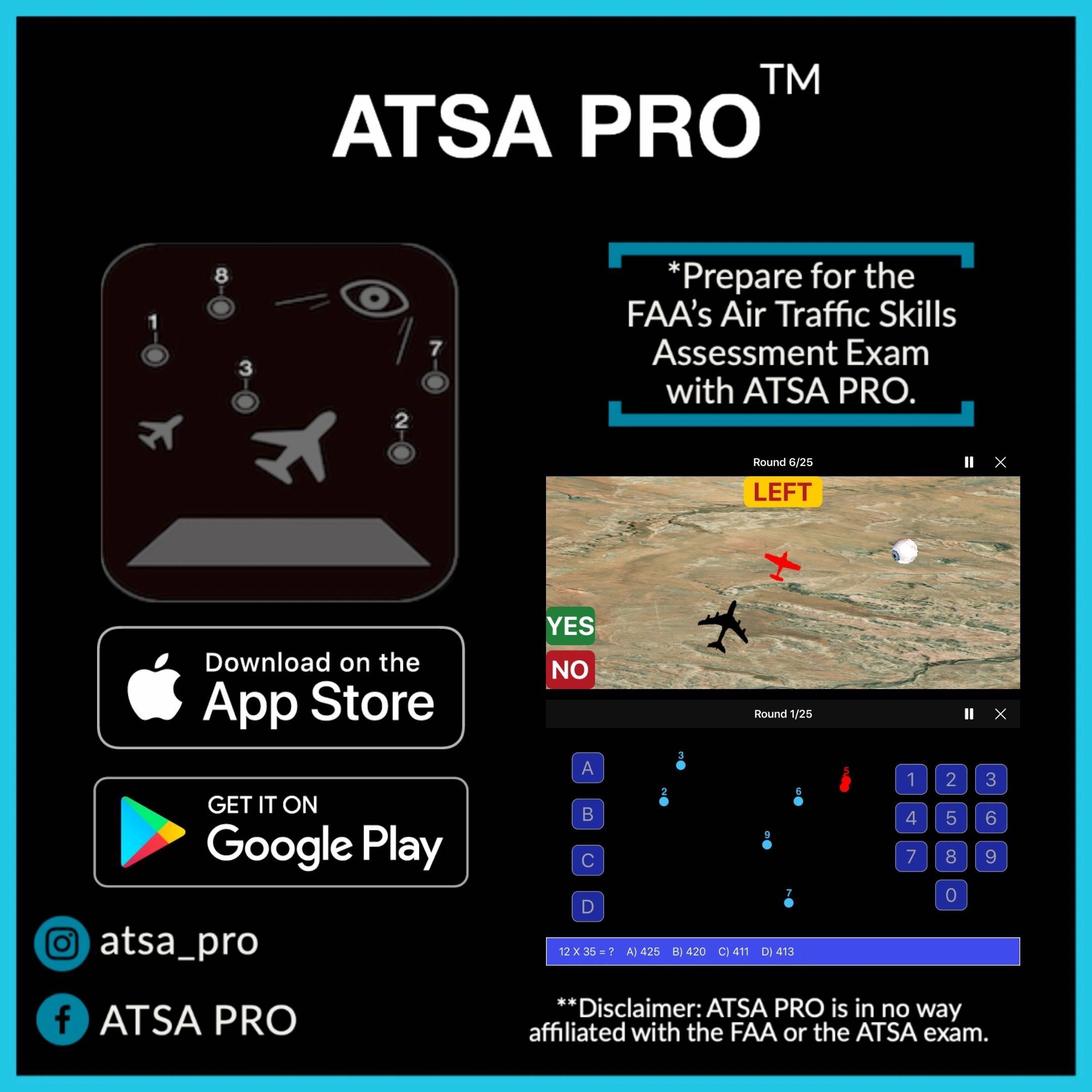 Air Traffic Skills Assessment Exam (ATSA) practice test APP for IOS and Android, ATSA PRO.