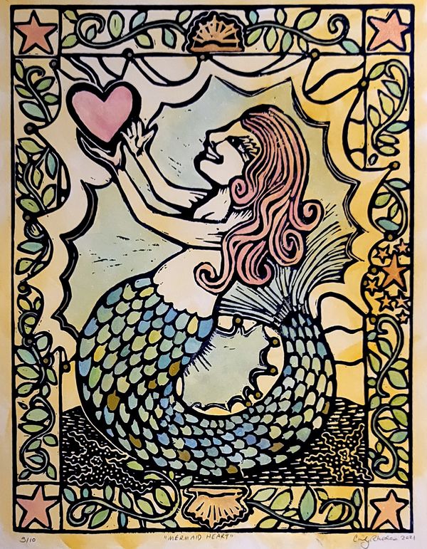 Mermaid Heart is a hand-colored block print by artist Cindy Rhodes of cindyrhodes.com