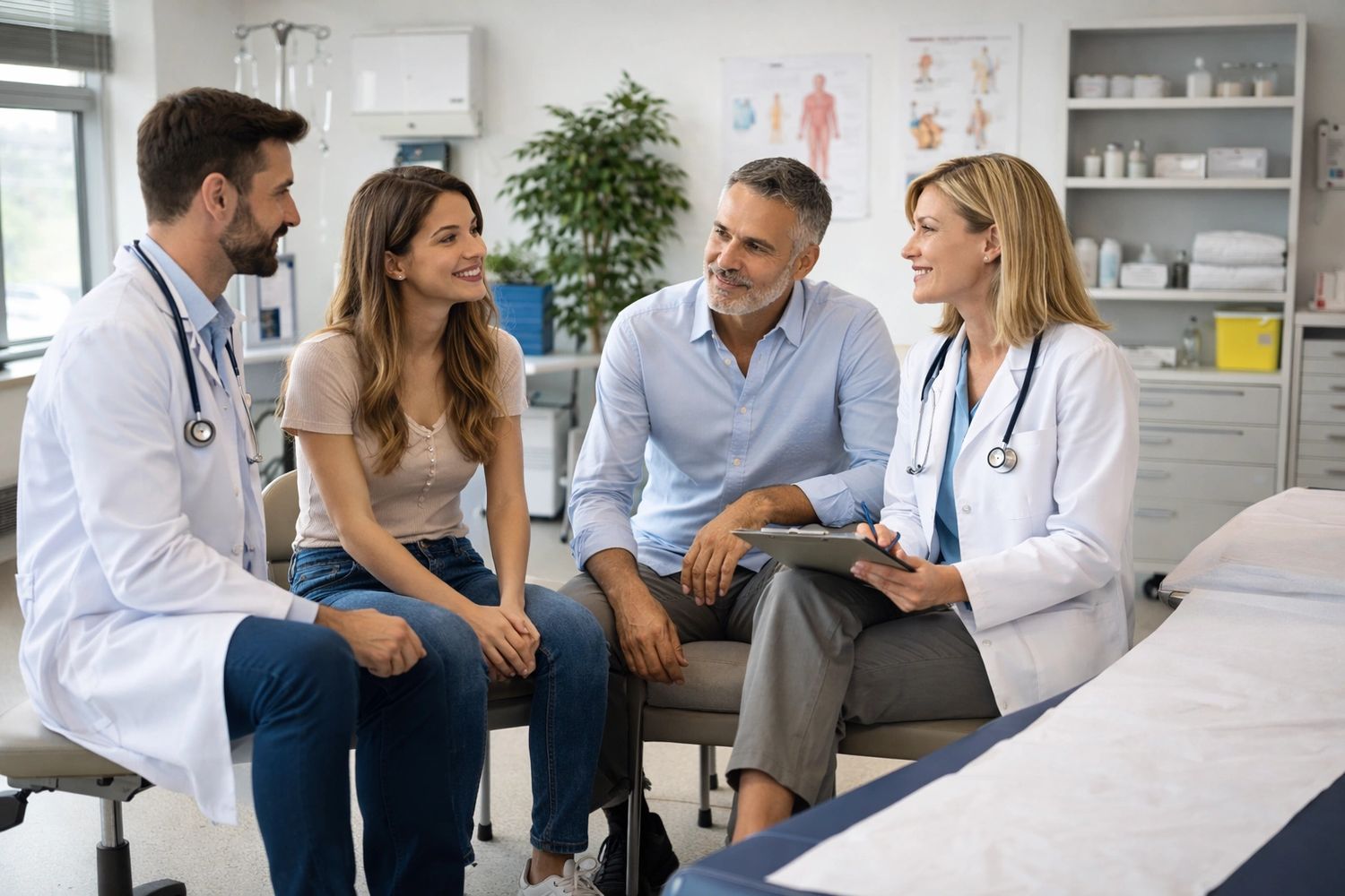 Doctors consulting with a couple in a medical office, discussing health care.