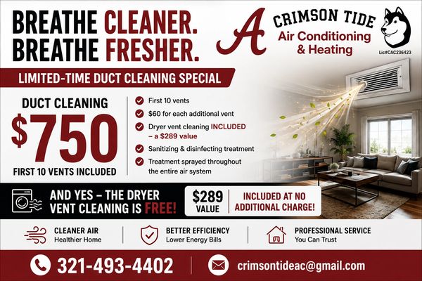 Advertisement for Crimson Tide duct cleaning special.