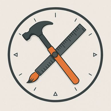 Hammer and ruler crossed inside a circle, symbolizing craftsmanship and design.