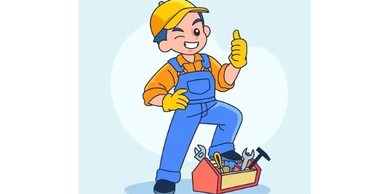 Cartoon handyman giving thumbs up with toolbox.