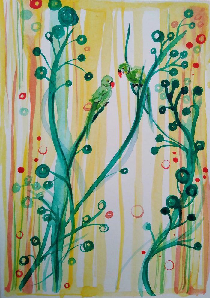 Green Parakeet Pair by Patricia Galligan