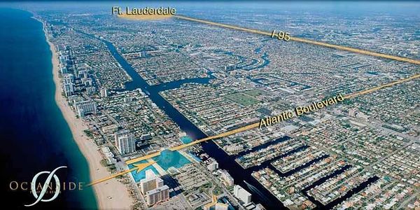 Aerial view of Fort Lauderdale coastline with labeled roads and waterways.