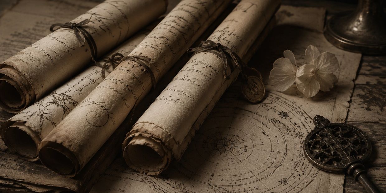Antique rolled manuscripts, an ornate key, and a dried flower on aged parchment.