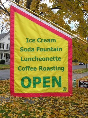 Ice Cream Open Flag Soda Fountain Open Flag Luncheonette Open Flag Coffee Roasting Open Flag , Open 