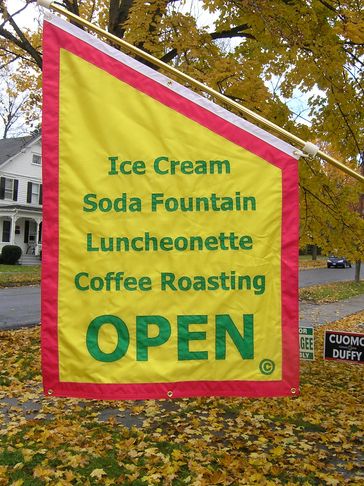 Ice Cream Open Flag Soda Fountain Open Flag Luncheonette Open Flag Coffee Roasting Open Flag , Open 