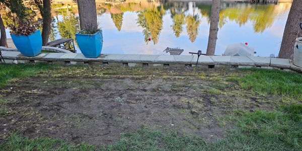 A lakeside garden area with patchy grass and blue planters by a stone wall.