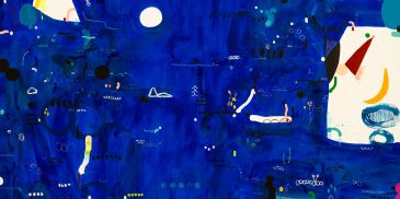 Abstract blue artwork with scattered shapes and symbols.