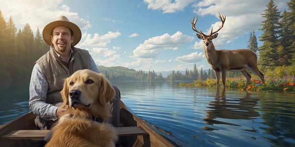 Man and golden retriever in a canoe near a deer by a scenic lake.