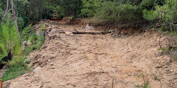 Construction machinery working on a dirt road in a forested area.