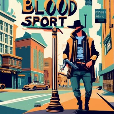 A stylized cowboy on a modern street with a sign that says "Blood Sport"