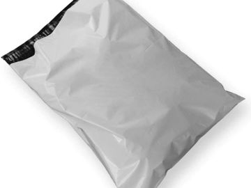 A gray poly mailer bag with a black adhesive strip on top.