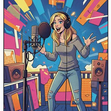 Cartoon woman doing voice over in front of a microphone.