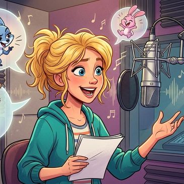 Young woman recording voices in a sound studio with animated characters.