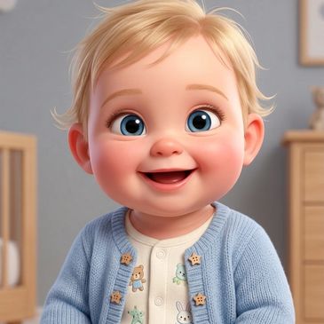 3D animation baby sitting up with a wide smile.