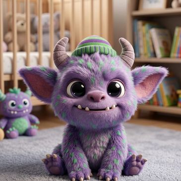 purple baby monster sits on nursery floor.