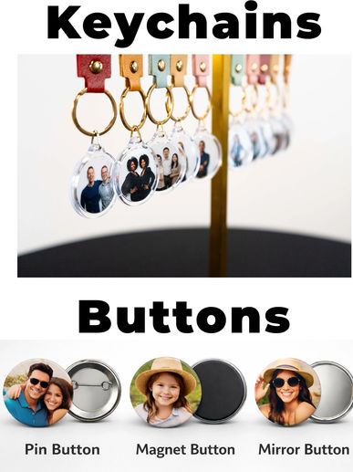 display of keychains, button pin, button magnet and button mirror