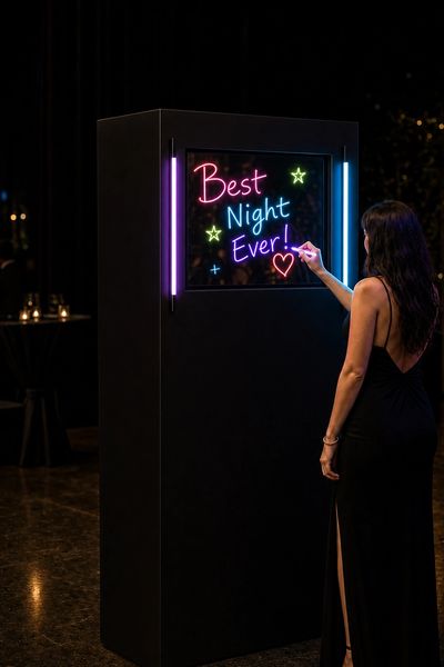 Woman writes "Best Night Ever!" on a neon board.