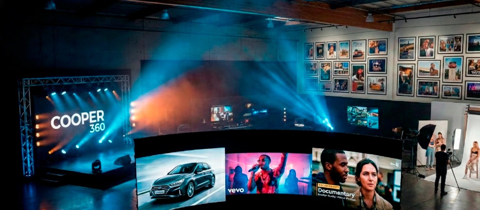 A high-tech media studio with video screens and photo shoot setup.