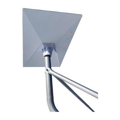White square panel antenna mounted on metal pole with support braces.