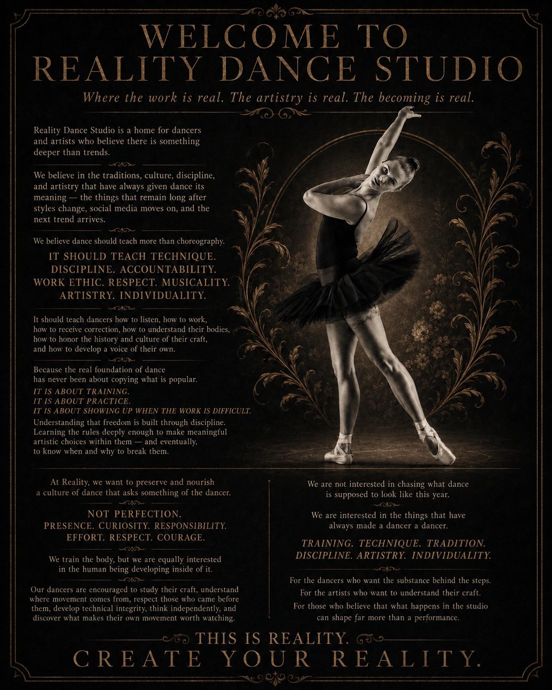 Welcome poster for Reality Dance Studio emphasizing discipline and artistry.