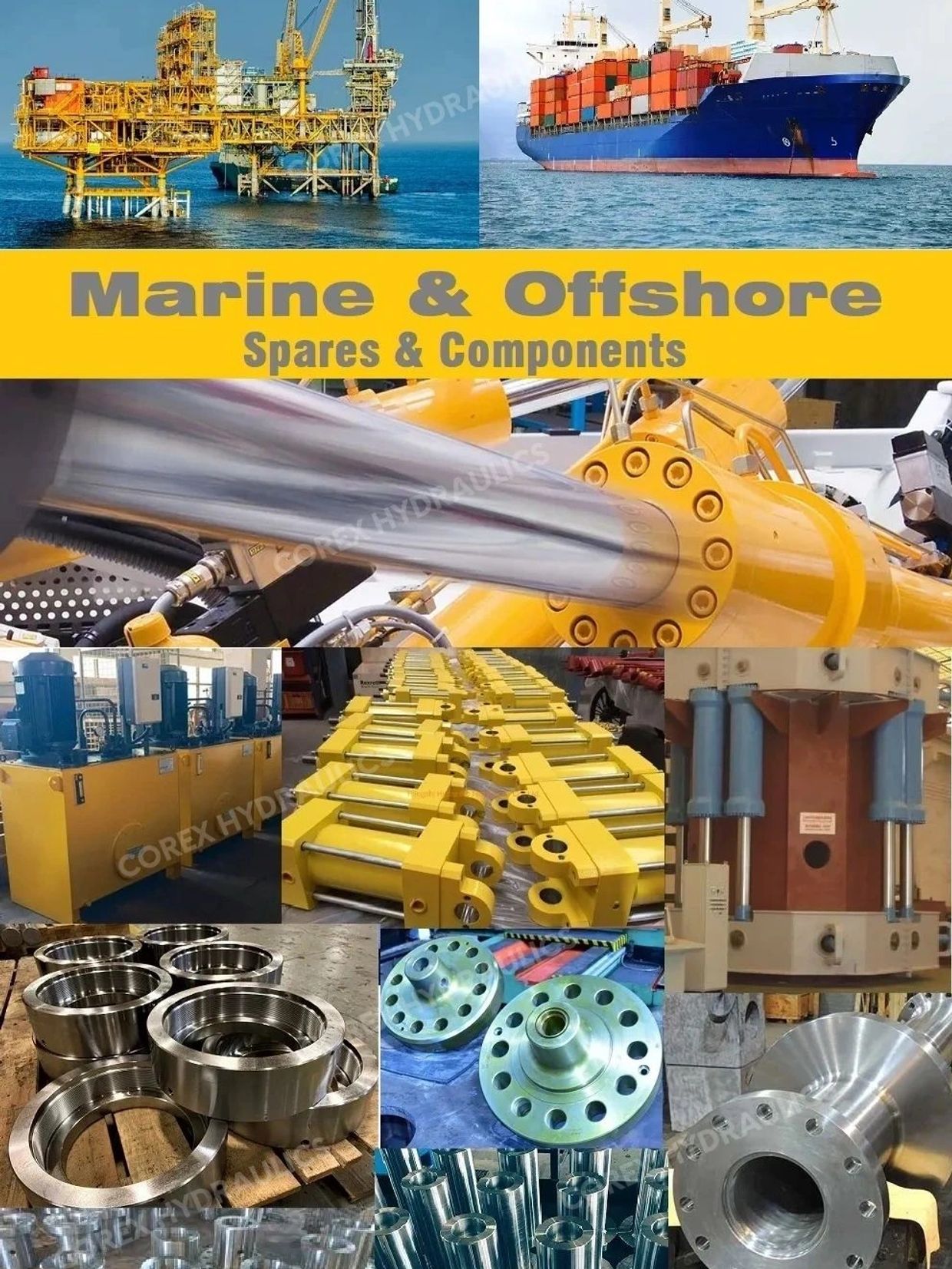 Marine and offshore spares and components including hydraulic cylinders and metal parts.