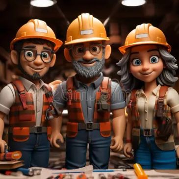 Three animated construction workers in helmets and safety vests.