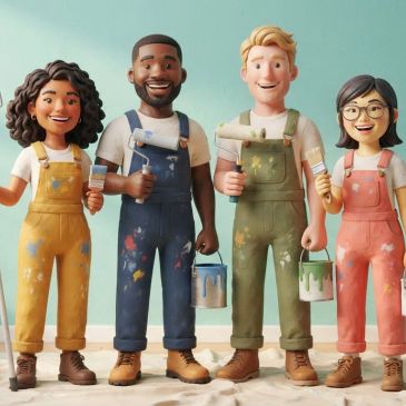 Four diverse people holding paint rollers and paint cans, smiling.
