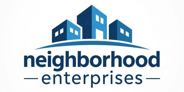 Logo for Neighborhood Enterprises with blue buildings.