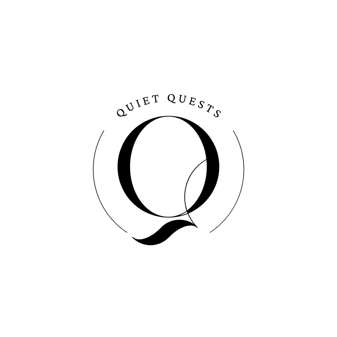 Minimalist logo with a stylized 'Q' and the text 'Quiet Quests', representing the simple yet profoundly powerful nature of a yoga and mindfulness practice.
