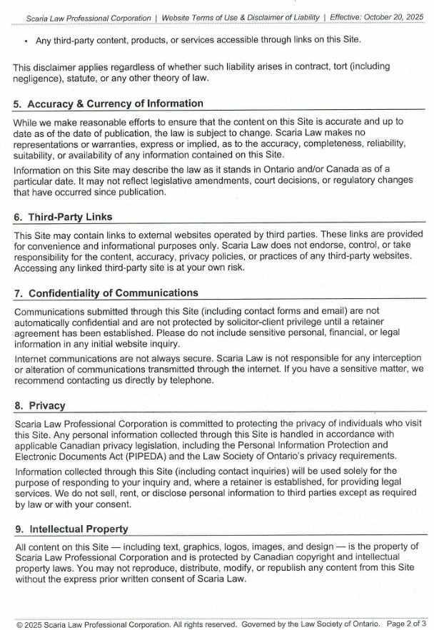 Legal disclaimer and policies from Scaria Law Professional Corporation.