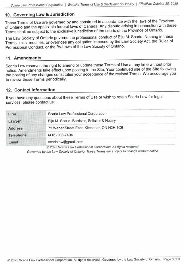 Terms of Use detailing jurisdiction, amendments, and contact info for Scaria Law Professional Corporation.